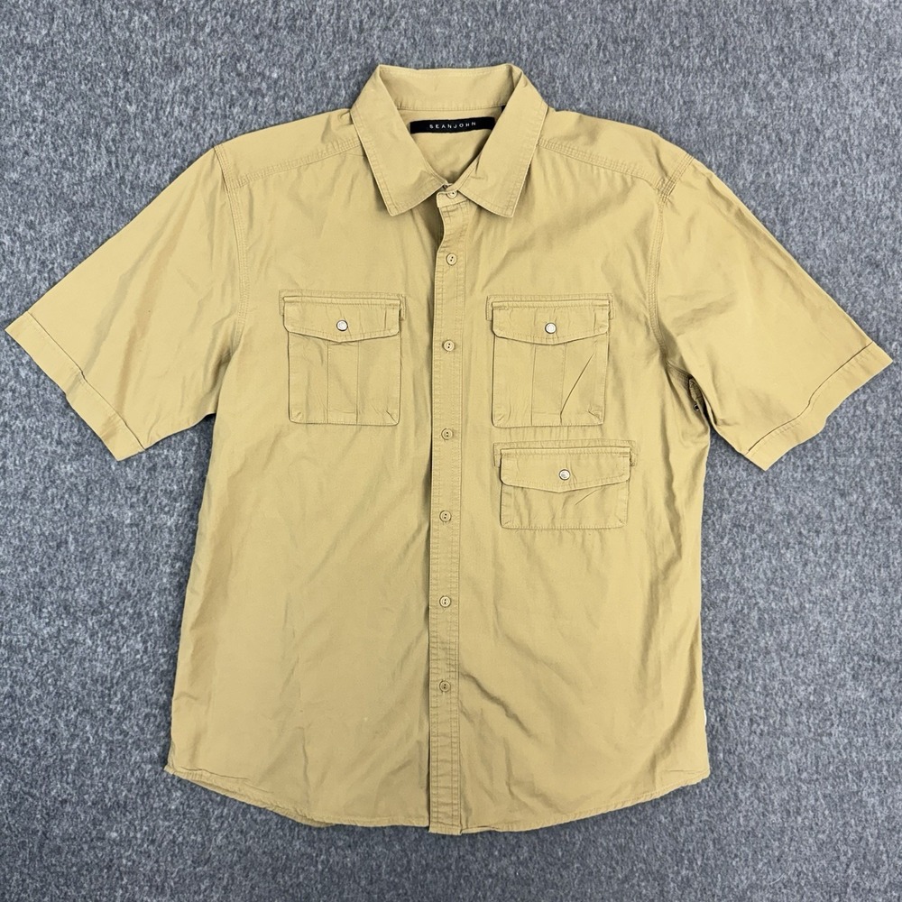 Sean John Utility Shirt Tan Short Sleeve Button Up Mens XL Cotton Casual
